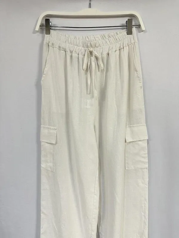 VENTI6 WIDE LEG LINEN PANTS WITH CARGO POCKET - BEIGE OR WHITE