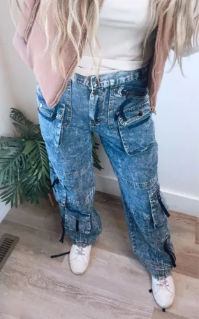 Washed Cargo Denim Pants