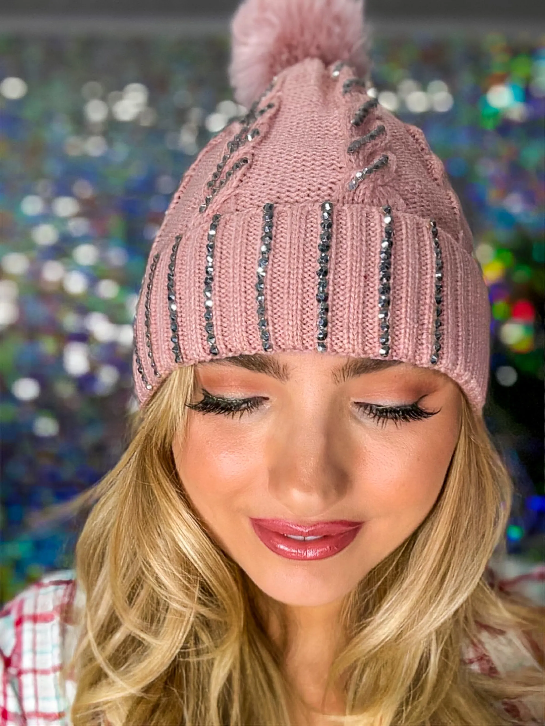 Winter Dreams Bling Fur Lined Pom Pom Beanie