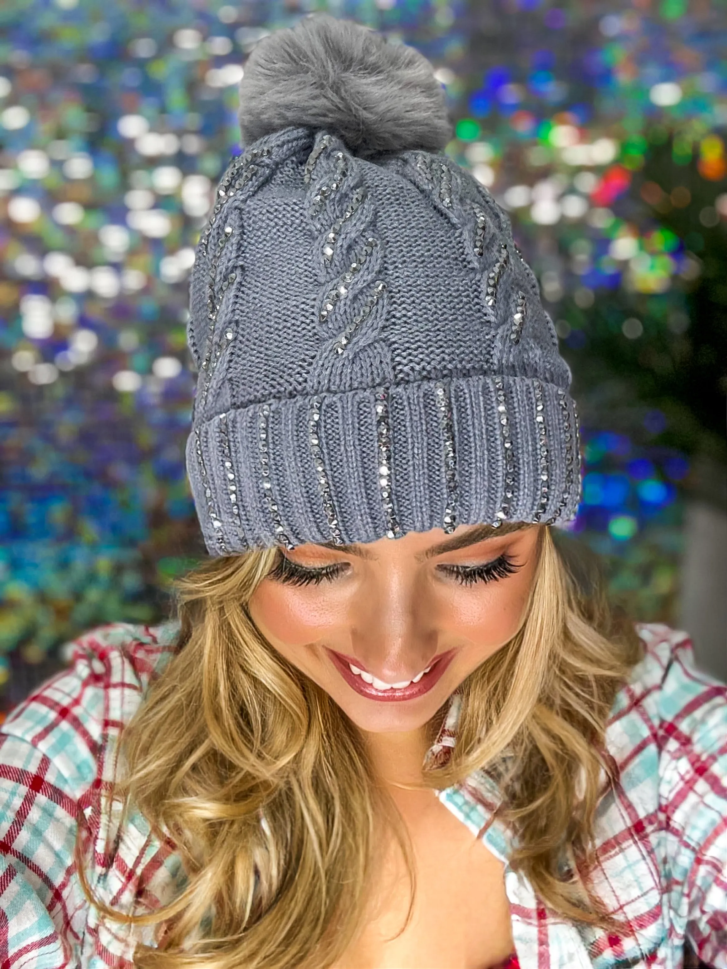 Winter Dreams Bling Fur Lined Pom Pom Beanie