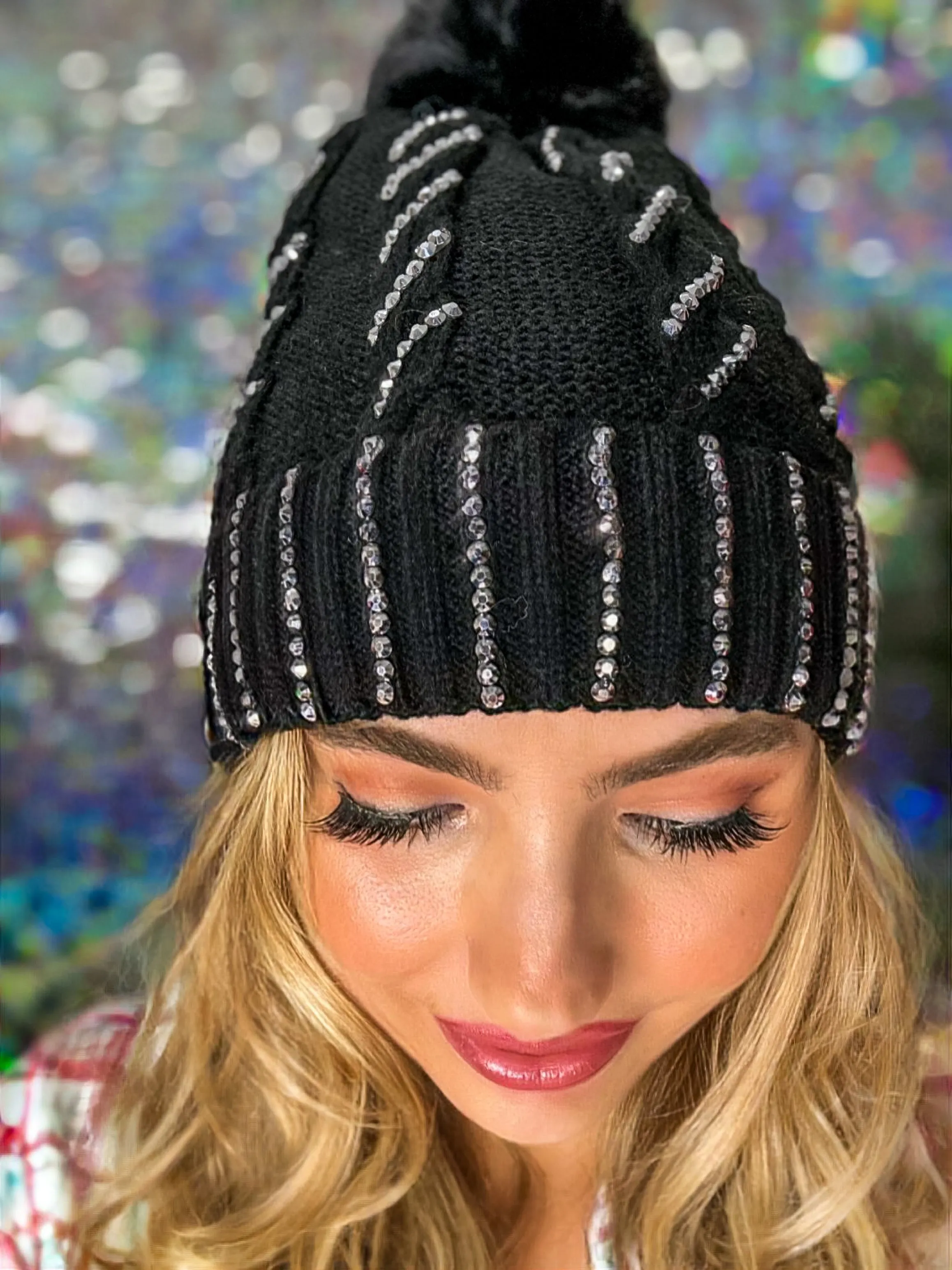 Winter Dreams Bling Fur Lined Pom Pom Beanie