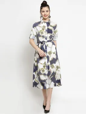 Women White Baroque Shirt Collarprinted Dress