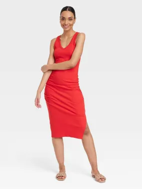 Women's Ribbed Ruched Dress,Red