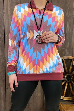 XCH9577 Multi color Aztec printed zipper pullover