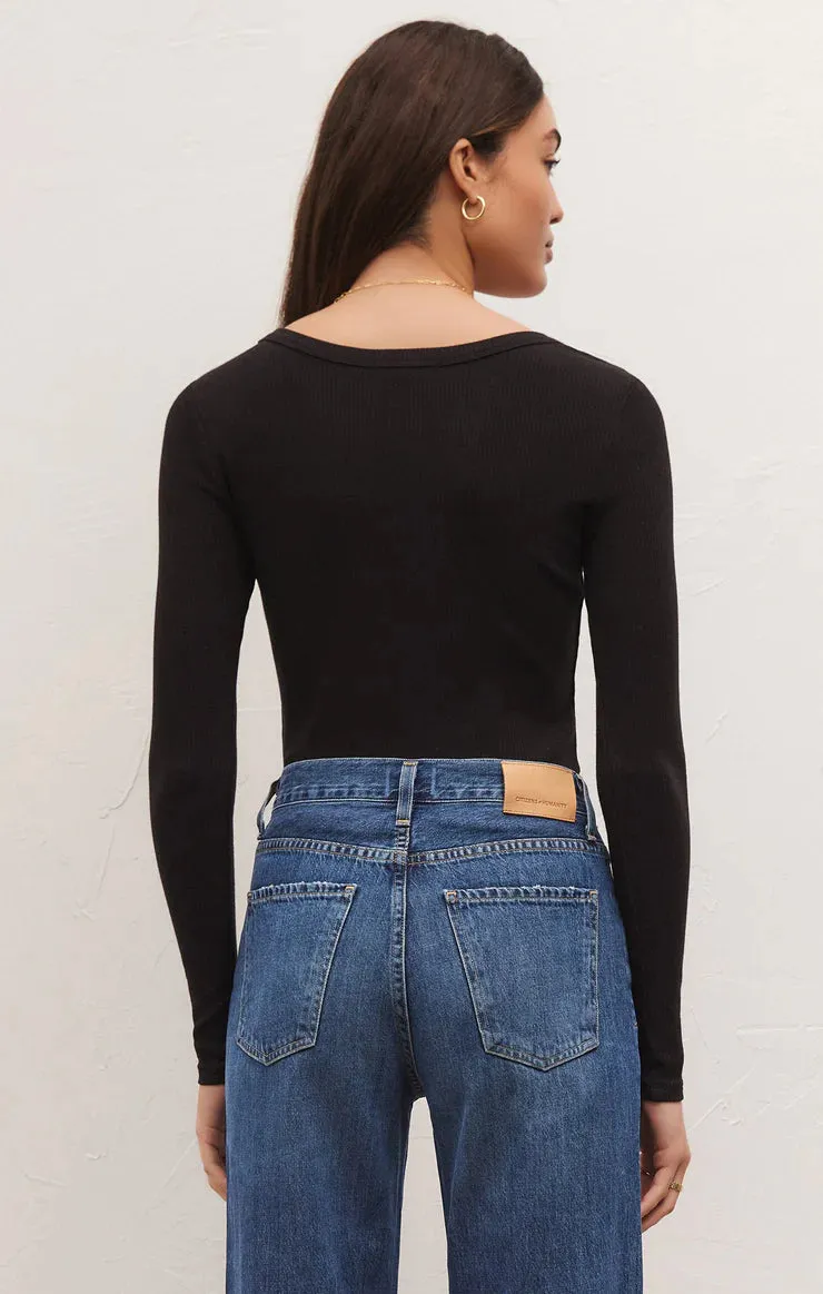 ZSU Lilah Long Sleeve Ribbed Bodysuit in Black