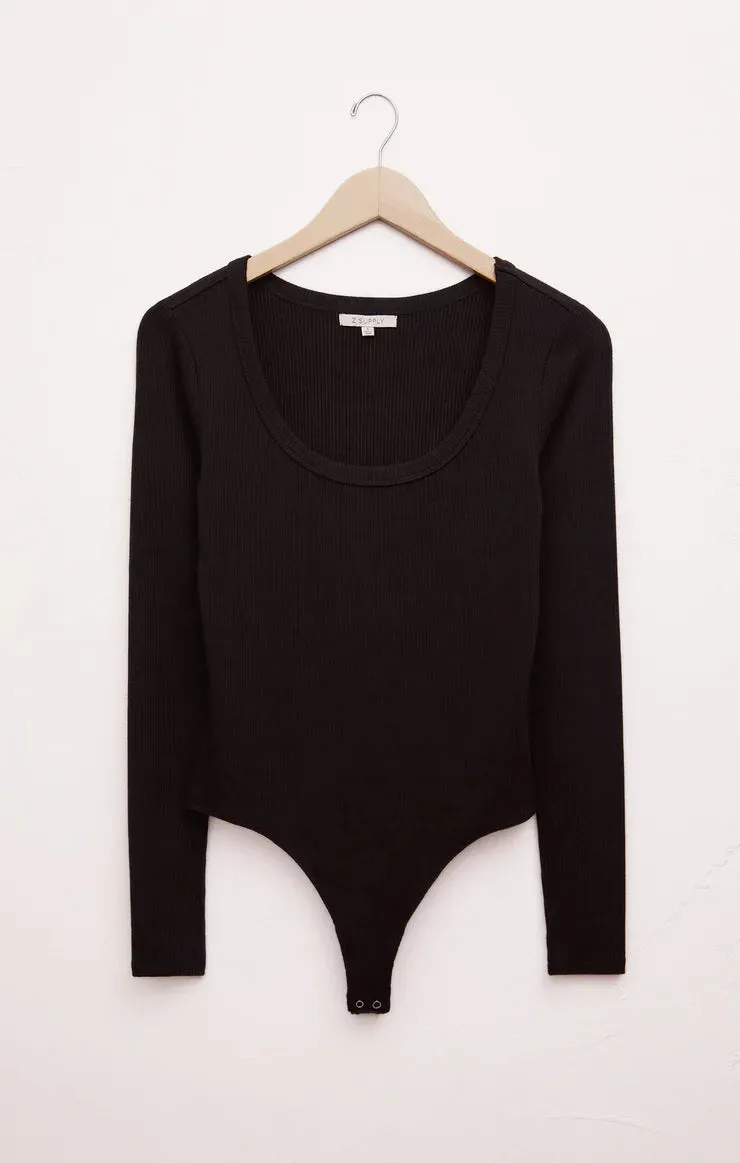 ZSU Lilah Long Sleeve Ribbed Bodysuit in Black