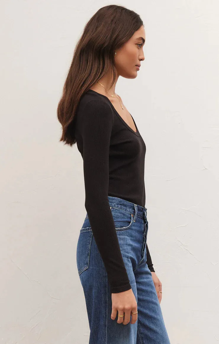 ZSU Lilah Long Sleeve Ribbed Bodysuit in Black